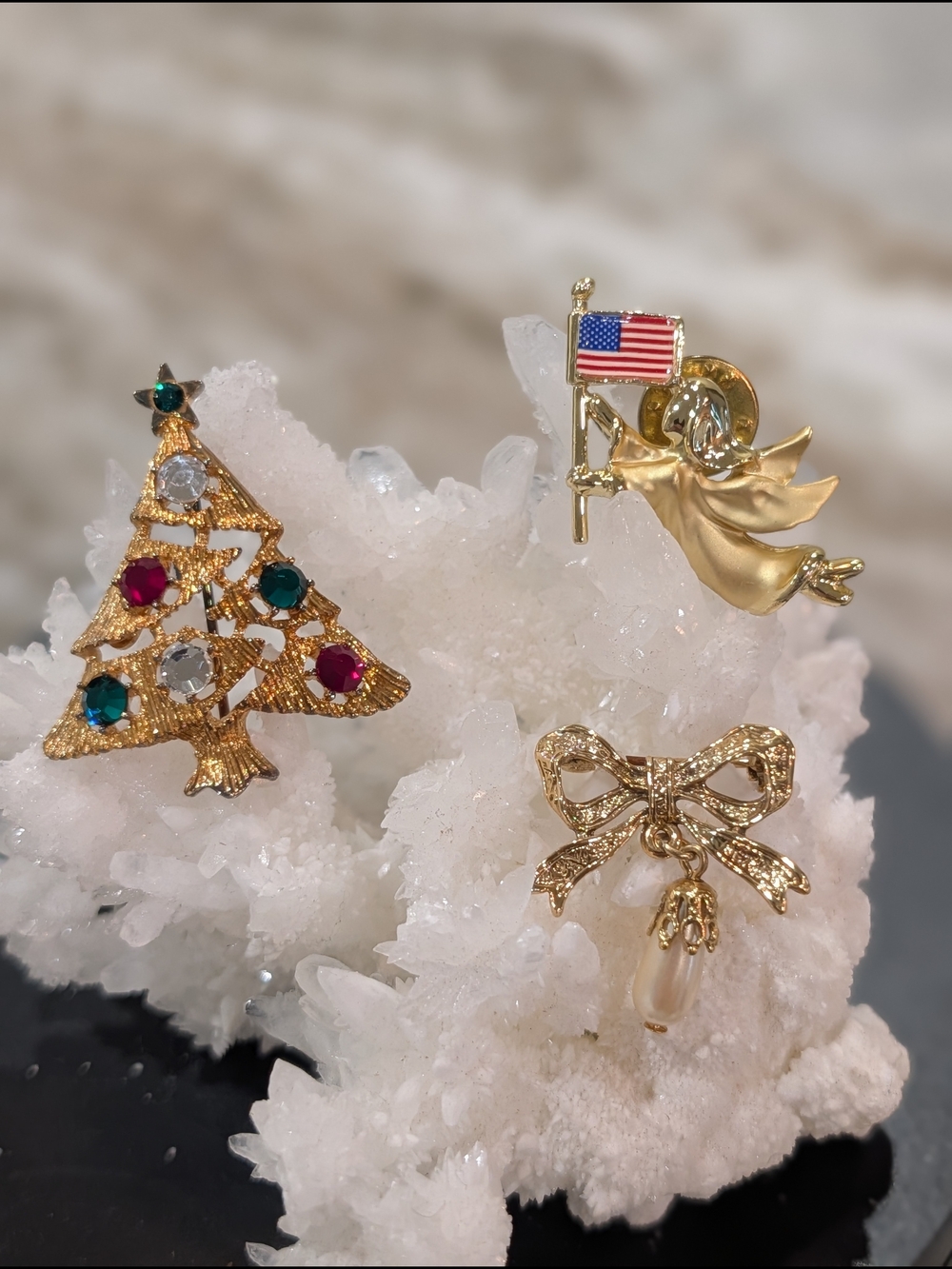 Holiday Tree, Angel & Bow Brooch Set